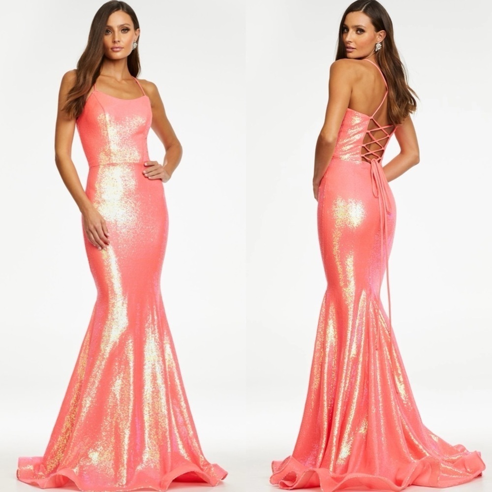 ASHLEY LAUREN 11024 CORAL IRIDESCENT SEQUIN LACE BACK FITTED TRAIN GOWN DRESS